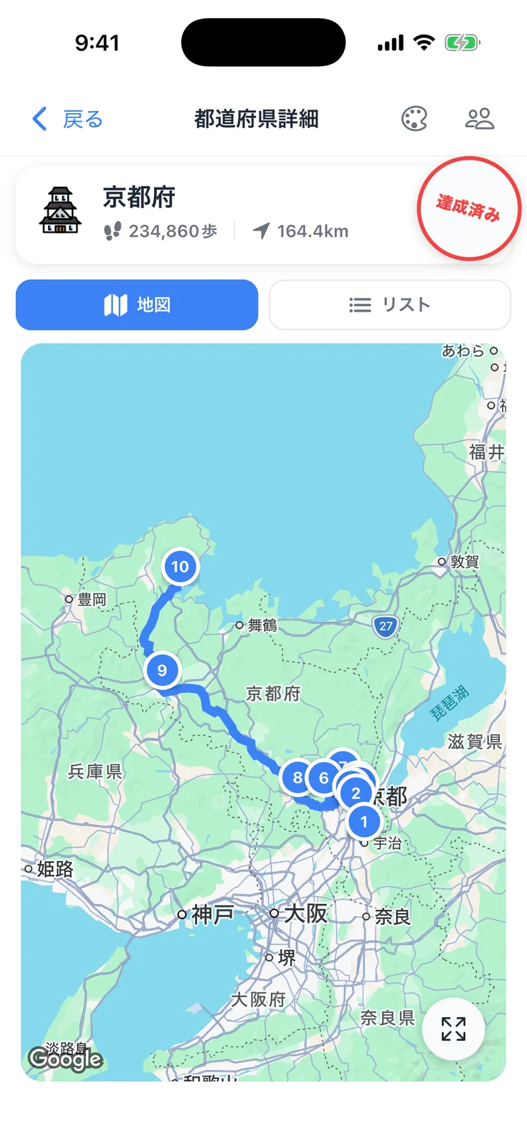 都道府県の詳細画面。県内をめぐるルートと名所が地図に並んでいる